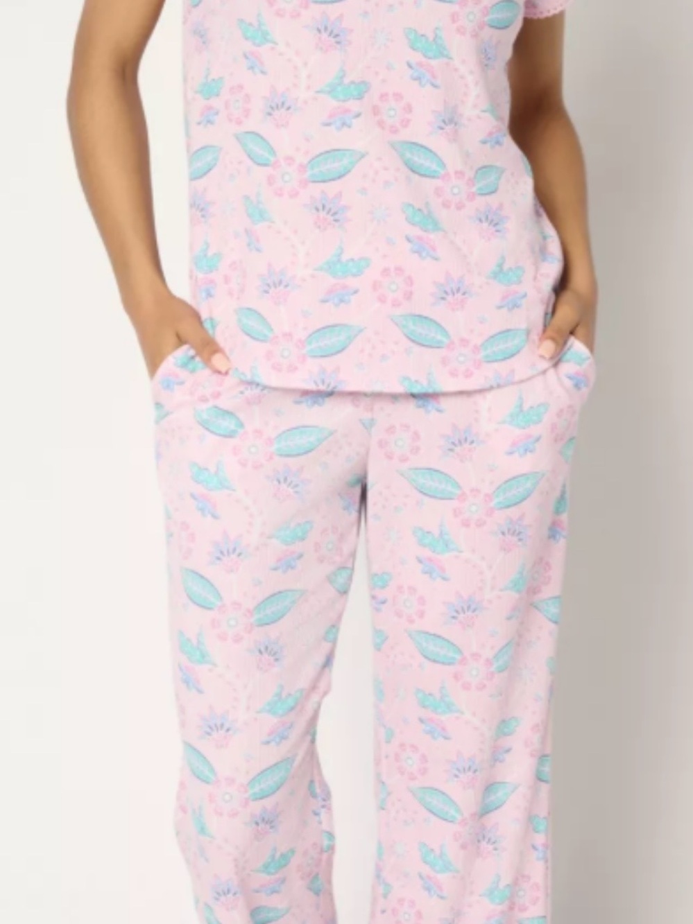 Muk Luks Sz 1X Pink Floral and Aqua Leaf Pajama Set